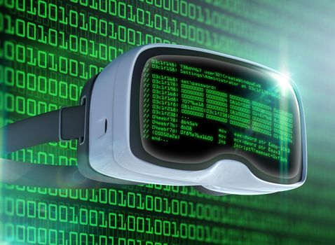 Virtual reality glasses, futuristic hacker, internet technology and network concept. Network security. Abstract modern virtual computer script. Software developer programming code.