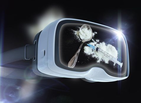 Virtual reality glasses, business, technology, internet and networking concept. Cocaine, spoon and disposable syringe abstract representing the cryptocurrency or digital money. Narcotics addiction.