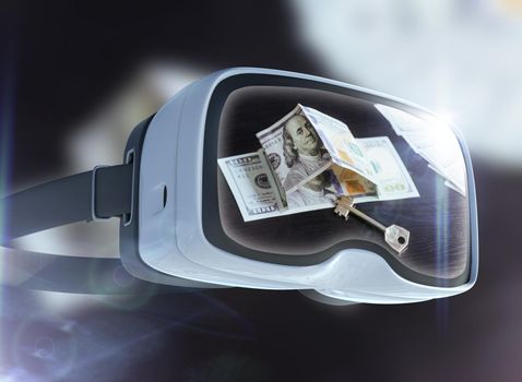 Virtual reality glasses, business, technology, internet and networking concept. US Dollar banknotes and abstract representing the cryptocurrency or digital money.