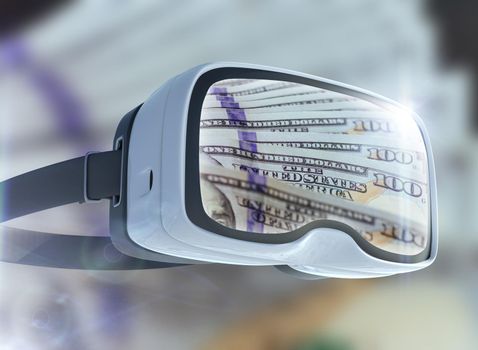 Virtual reality glasses, business, technology, internet and networking concept. US Dollar banknotes and abstract representing the cryptocurrency or digital money.