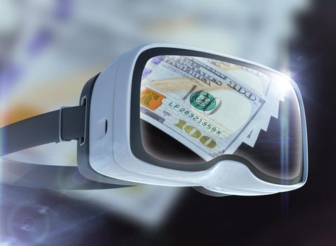 Virtual reality glasses, business, technology, internet and networking concept. US Dollar banknotes and abstract representing the cryptocurrency or digital money.