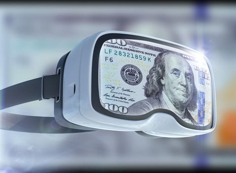 Virtual reality glasses, business, technology, internet and networking concept. US Dollar banknotes and abstract representing the cryptocurrency or digital money.