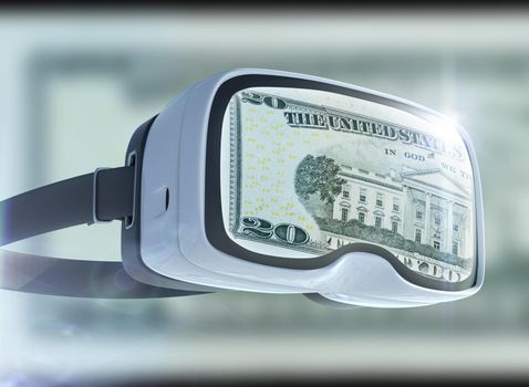 Virtual reality glasses, business, technology, internet and networking concept. US Dollar banknotes and abstract representing the cryptocurrency or digital money.