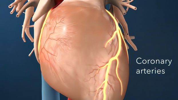 A coronary angioplasty is a procedure used to widen blocked or narrowed coronary arteries (the main blood vessels supplying the heart). 3D illustration