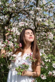 Spring concept. Nature.Young caucasian woman in white summer dress enjoying the flowering of an apple trees, walking in spring apple gardens