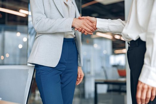 Close up of two confident businesswoman are handshaking before meeting in modern office.