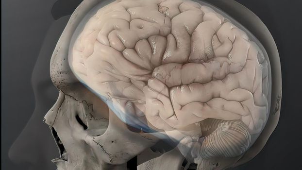 Cerebrospinal fluid inside the skull 3D illustration