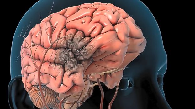 Brain Hemorrhagic Stroke Due To Aneurysm Rupture. 3D illustration