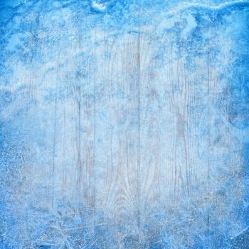 Scrapbooking New Year design blue textured square backdrop template with frozen plank table and snow