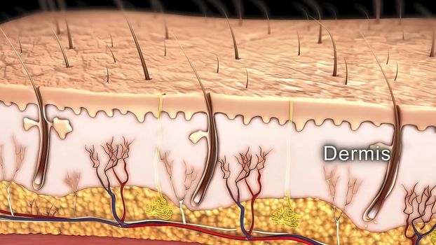 Skin damaged by uv rays. Skin absorbs light from sun. 3d illustration