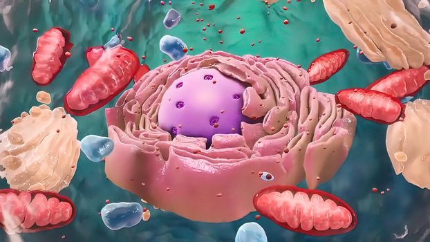 Components of Eukaryotic cell, nucleus and organelles and reticulum - 3d illustration