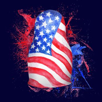 Creative international politics watercolor illustration with USA and Russia symbols on blue background