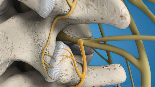 These nerves send signals between the brain, spinal cord, and other body organs via nerve impulses. 3D illustration