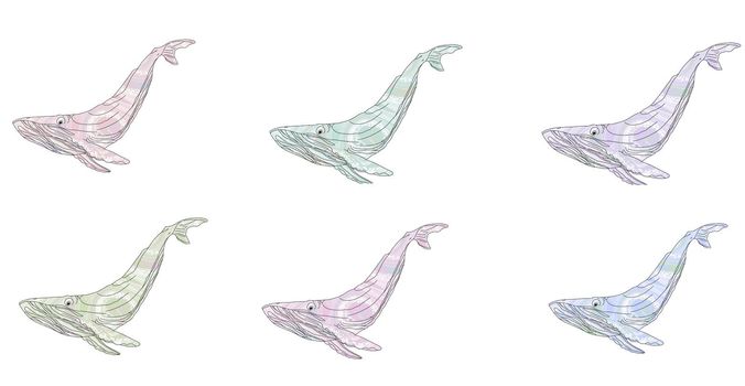 Multicolored decorative whales drawn in one line. Illustration isolated on white background