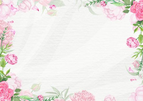 Watercolor floral romantic background with empty space on textured paper