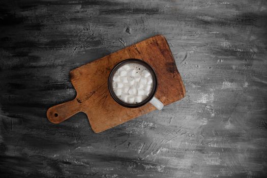 Morning vintage stillife with brown rustic mug with cappuchino for stylish menu design