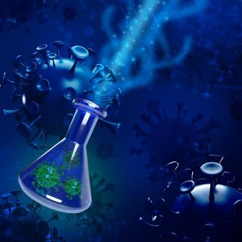 Laboratory glass flask with green micro cells concept background