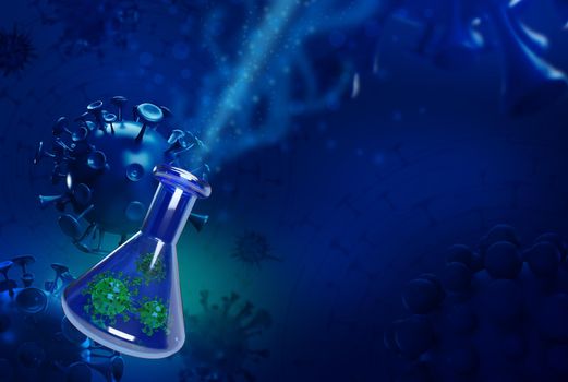 Laboratory glass flask with green micro cells concept background