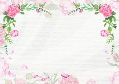 Watercolor floral romantic background with empty space on textured paper