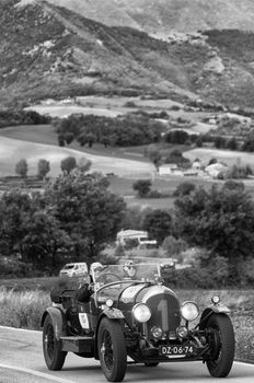 CAGLI , ITALY - OTT 24 - 2020 : BENTLEY 3 LITRI on an old racing car in rally Mille Miglia 2020 the famous italian historical race (1927-1957)