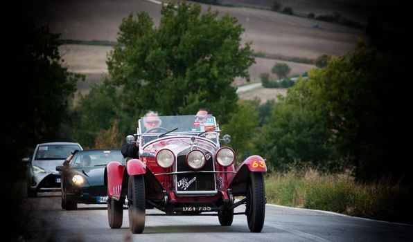 CAGLI , ITALY - OTT 24 - 2020 : J ALFA ROMEO 6C 1750 GS ZAGATO on an old racing car in rally Mille Miglia 2020 the famous italian historical race (1927-1957)