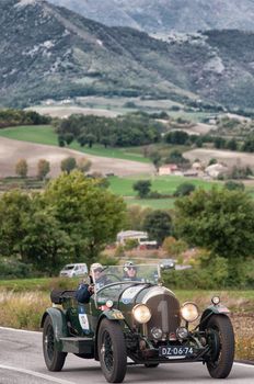 CAGLI , ITALY - OTT 24 - 2020 : BENTLEY 3 LITRI on an old racing car in rally Mille Miglia 2020 the famous italian historical race (1927-1957)