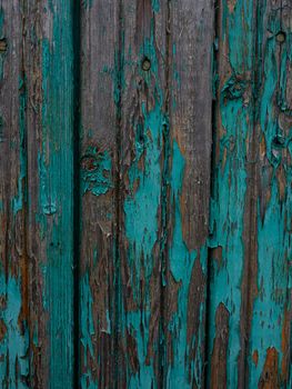 Old shabby green fence. The texture of the wood fence.