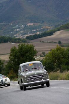 CAGLI , ITALY - OTT 24 - 2020 : FIAT 1100 103 on an old racing car in rally Mille Miglia 2020 the famous italian historical race (1927-1957)