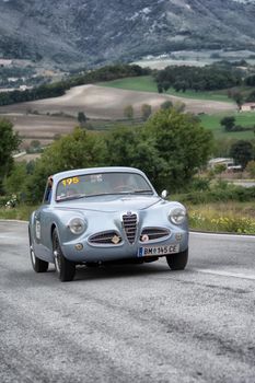 CAGLI , ITALY - OTT 24 - 2020 : ALFA ROMEO 1900 CS touring on an old racing car in rally Mille Miglia 2020 the famous italian historical race (1927-1957)