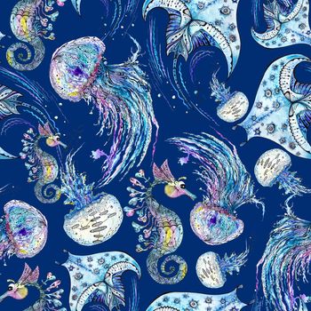 Nautical underwater texture with manta ray, jellyfish and seahorse