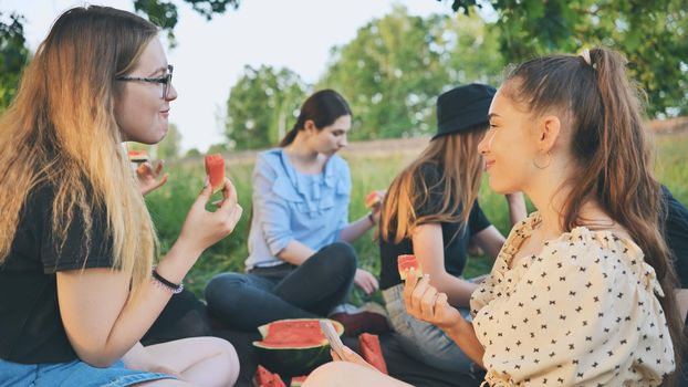 Friends have fun eating watermelon outside the city at a picnic