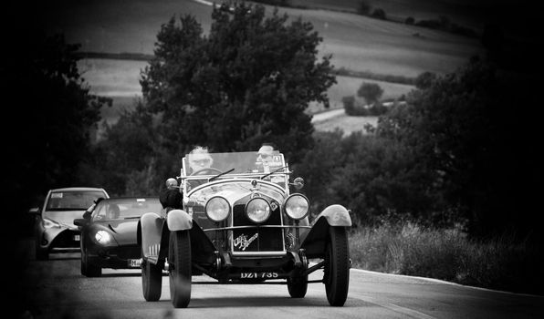 CAGLI , ITALY - OTT 24 - 2020 : J ALFA ROMEO 6C 1750 GS ZAGATO on an old racing car in rally Mille Miglia 2020 the famous italian historical race (1927-1957)