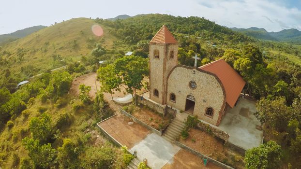 Church on a hill in Malbato village. Philippines. Coron. Palawan. Aerial view