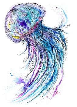 Creative sea life art illustration with blue medusa