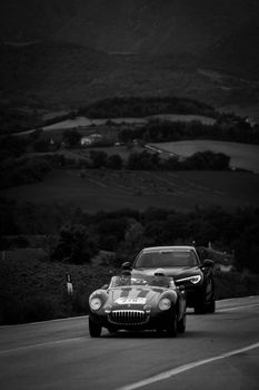 CAGLI , ITALY - OTT 24 - 2020 : OSCA mt 4 1500 2ad on an old racing car in rally Mille Miglia 2020 the famous italian historical race (1927-1957