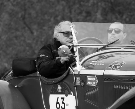 CAGLI , ITALY - OTT 24 - 2020 : J ALFA ROMEO 6C 1750 GS ZAGATO on an old racing car in rally Mille Miglia 2020 the famous italian historical race (1927-1957)