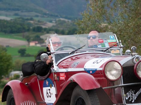 CAGLI , ITALY - OTT 24 - 2020 : J ALFA ROMEO 6C 1750 GS ZAGATO on an old racing car in rally Mille Miglia 2020 the famous italian historical race (1927-1957)