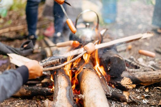 Teapot Sauasge Grilled Campfire On Nature Picnic Bonfire Preparing Food Forest Hiking