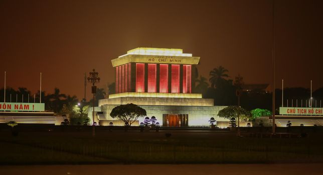 The mausoleum of Ho Chi Minh at night in the city of Hanoi. Vietnam