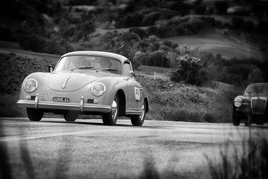 CAGLI , ITALY - OTT 24 - 2020 : PORSCHE 356 A 1600 on an old racing car in rally Mille Miglia 2020 the famous italian historical race (1927-1957)