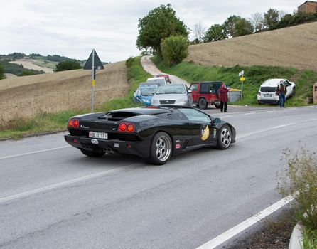 CAGLI , ITALY - OTT 24 - 2020 : LAMBORGHINI DIABLO on an old racing car in rally Mille Miglia 2020 the famous italian historical race (1927-1957)