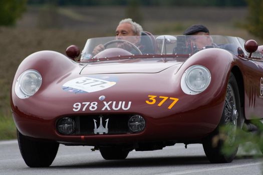 CAGLI , ITALY - OTT 24 - 2020 : MASERATI190 SL on an old racing car in rally Mille Miglia 2020 the famous italian historical race (1927-1957)