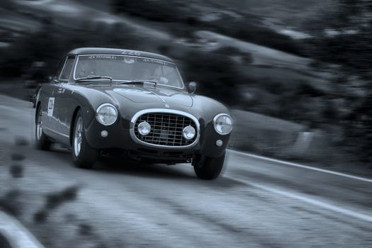 CAGLI , ITALY - OTT 24 - 2020 : FERRARI 212 INTER EUROPA 1953 on an old racing car in rally Mille Miglia 2020 the famous italian historical race (1927-1957)