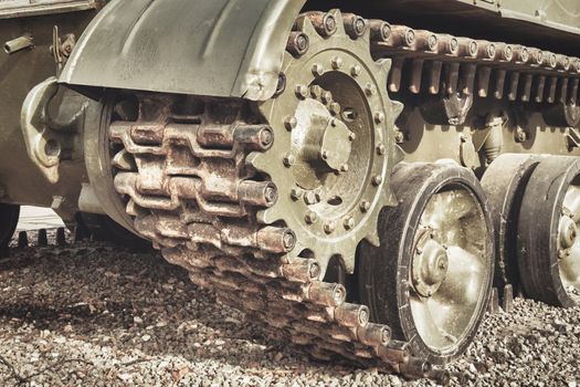 Old russian military tank tracks close up view