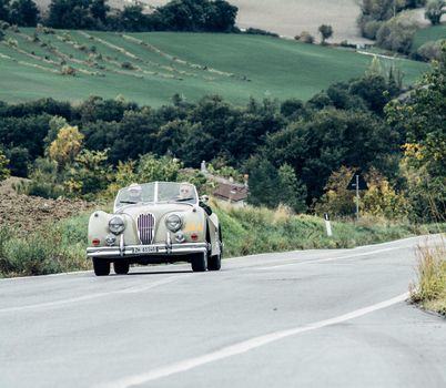 CAGLI , ITALY - OTT 24 - 2020 : JAGUAR XK 140 OTS SE 1954 on an old racing car in rally Mille Miglia 2020 the famous italian historical race (1927-1957