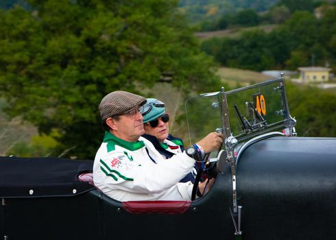 CAGLI , ITALY - OTT 24 - 2020 : BENTLEY 4.5 LITRE on an old racing car in rally Mille Miglia 2020 the famous italian historical race (1927-1957)