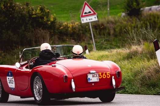 CAGLI , ITALY - OTT 24 - 2020 : AC ACE 1956 on an old racing car in rally Mille Miglia 2020 the famous italian historical race (1927-1957