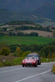 CAGLI , ITALY - OTT 24 - 2020 : OSCA mt 4 1500 2ad on an old racing car in rally Mille Miglia 2020 the famous italian historical race (1927-1957