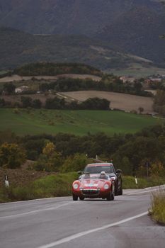 CAGLI , ITALY - OTT 24 - 2020 : OSCA mt 4 1500 2ad on an old racing car in rally Mille Miglia 2020 the famous italian historical race (1927-1957