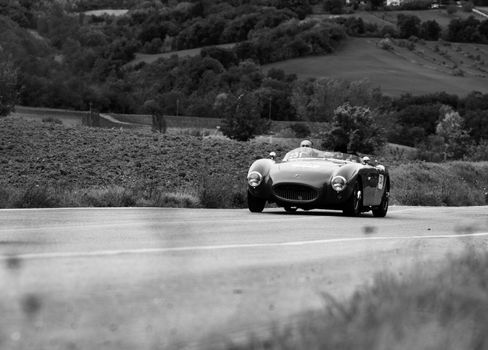 CAGLI , ITALY - OTT 24 - 2020 : ALFA ROMEO 2000 SPORT CONRERO on an old racing car in rally Mille Miglia 2020 the famous italian historical race (1927-1957)